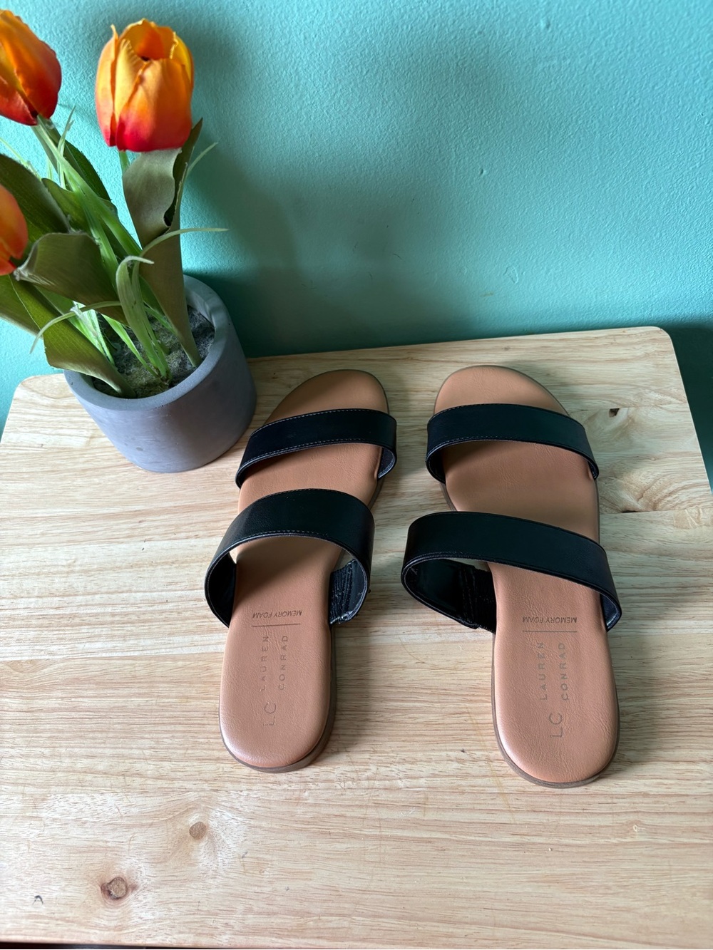 Kohl's Black Double-Strap Slide Sandals with Tan Footbed